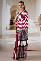 Enthralling Maroon Ajrakh Printed Satin Silk Saree With Divine Blouse Piece
