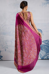 Ebullience Purple Ajrakh Printed Satin Silk Saree With Elaborate Blouse Piece