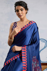 Seraglio Navy Blue Ajrakh Printed Satin Silk Saree With Dulcet Blouse Piece