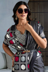 Super classy Black Ajrakh Printed Satin Silk Saree With Quintessential Blouse Piece