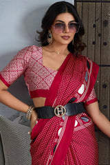 Exceptional Red Ajrakh Printed Satin Silk Saree With Scintillating Blouse Piece