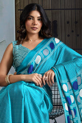 Ratatouille Firozi Ajrakh Printed Satin Silk Saree With Allure Blouse Piece