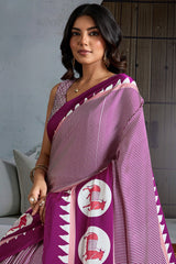 Lagniappe Wine Ajrakh Printed Satin Silk Saree With Diaphanous Blouse Piece