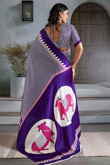Innovative Purple Ajrakh Printed Satin Silk Saree With Transcendent Blouse Piece