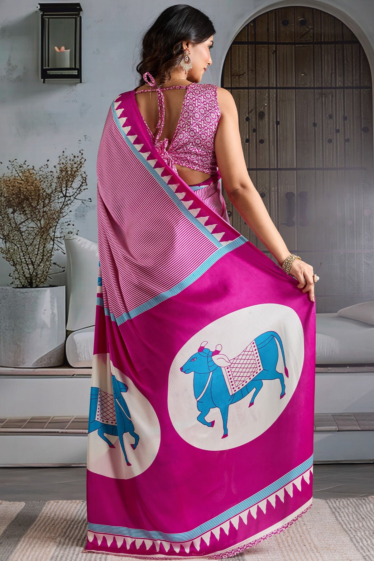 Glittering Dark Pink Ajrakh Printed Satin Silk Saree With Pretty Blouse Piece
