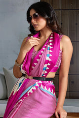Glittering Dark Pink Ajrakh Printed Satin Silk Saree With Pretty Blouse Piece