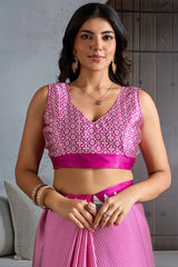 Glittering Dark Pink Ajrakh Printed Satin Silk Saree With Pretty Blouse Piece