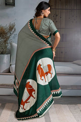 Resplendent Dark Green Ajrakh Printed Satin Silk Saree With Lassitude Blouse Piece