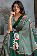 Resplendent Dark Green Ajrakh Printed Satin Silk Saree With Lassitude Blouse Piece