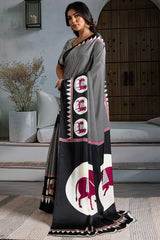 Angelic Black Ajrakh Printed Satin Silk Saree With Staring Blouse Piece
