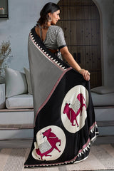 Angelic Black Ajrakh Printed Satin Silk Saree With Staring Blouse Piece