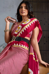 Mesmeric Red Ajrakh Printed Satin Silk Saree With Magnetic Blouse Piece