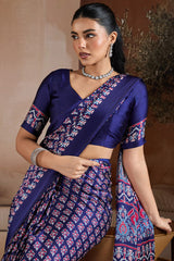 Ailurophile Navy Blue Ajrakh Printed Satin Silk Saree With Piquant Blouse Piece