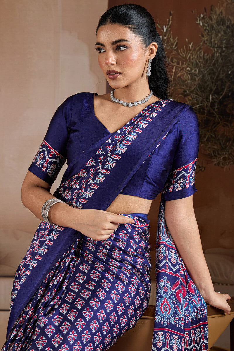 Ailurophile Navy Blue Ajrakh Printed Satin Silk Saree With Piquant Blouse Piece