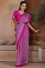 Trendy Dark Pink Ajrakh Printed Satin Silk Saree With Glorious Blouse Piece