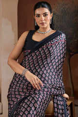 Embrocation Black Ajrakh Printed Satin Silk Saree With Fantabulous Blouse Piece