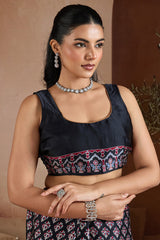 Embrocation Black Ajrakh Printed Satin Silk Saree With Fantabulous Blouse Piece