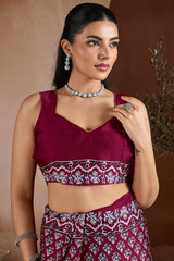 Proficient Wine Ajrakh Printed Satin Silk Saree With Stunner Blouse Piece