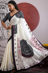 Woebegone Off White and Black Ajrakh Printed Satin Silk Saree With Lovely Blouse Piece