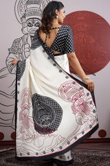 Woebegone Off White and Black Ajrakh Printed Satin Silk Saree With Lovely Blouse Piece