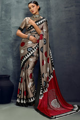 Mesmerising Brown Ajrakh Printed Satin Silk Saree With Ephemeral Blouse Piece
