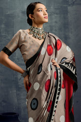 Mesmerising Brown Ajrakh Printed Satin Silk Saree With Ephemeral Blouse Piece