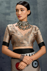 Mesmerising Brown Ajrakh Printed Satin Silk Saree With Ephemeral Blouse Piece