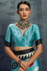 Luxuriant Firozi Ajrakh Printed Satin Silk Saree With Dalliance Blouse Piece