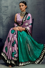 Surreptitious Lavender Ajrakh Printed Satin Silk Saree With Fugacious Blouse Piece
