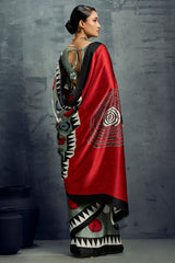 Evanescent Grey Ajrakh Printed Satin Silk Saree With Tremendous Blouse Piece