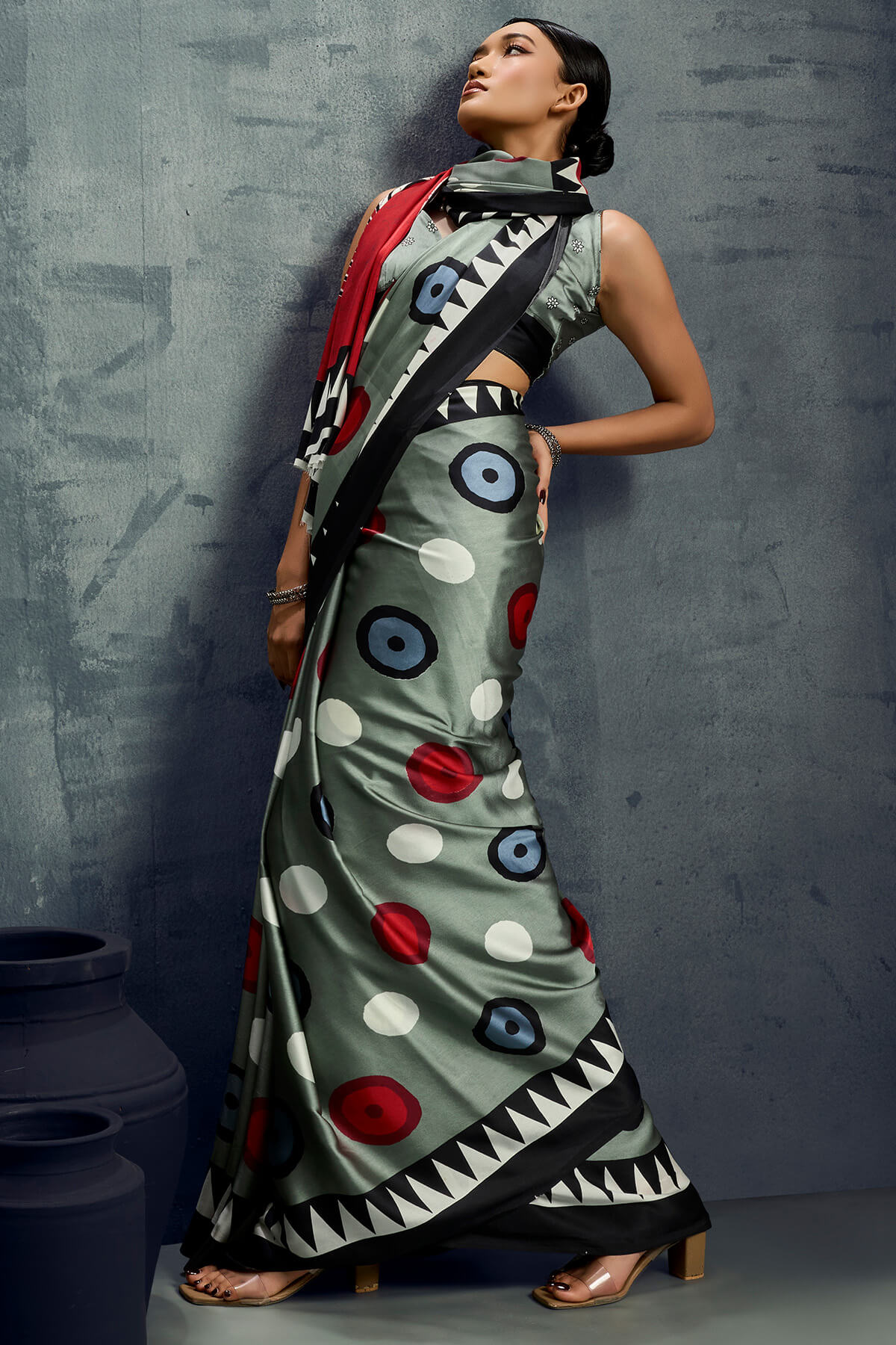 Evanescent Grey Ajrakh Printed Satin Silk Saree With Tremendous Blouse Piece