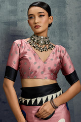Adorning Pink Ajrakh Printed Satin Silk Saree With Chatoyant Blouse Piece