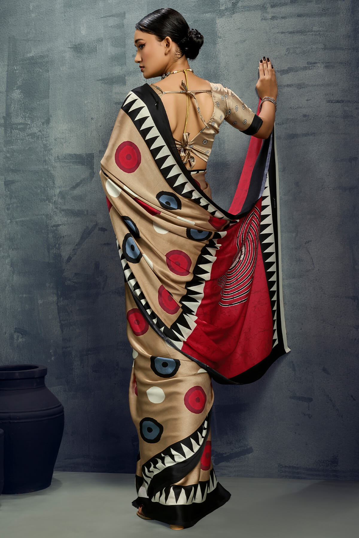 Demanding Dark Beige Ajrakh Printed Satin Silk Saree With Radiant Blouse Piece