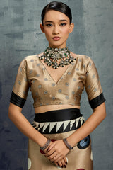 Demanding Dark Beige Ajrakh Printed Satin Silk Saree With Radiant Blouse Piece