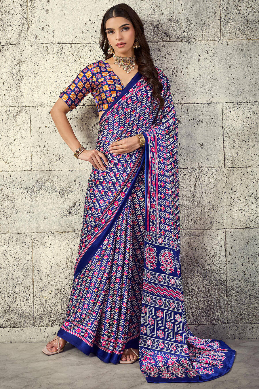 Precious Royal Blue Ajrakh Printed Satin Silk Saree With Fragrant Blouse Piece