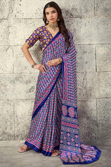 Precious Royal Blue Ajrakh Printed Satin Silk Saree With Fragrant Blouse Piece