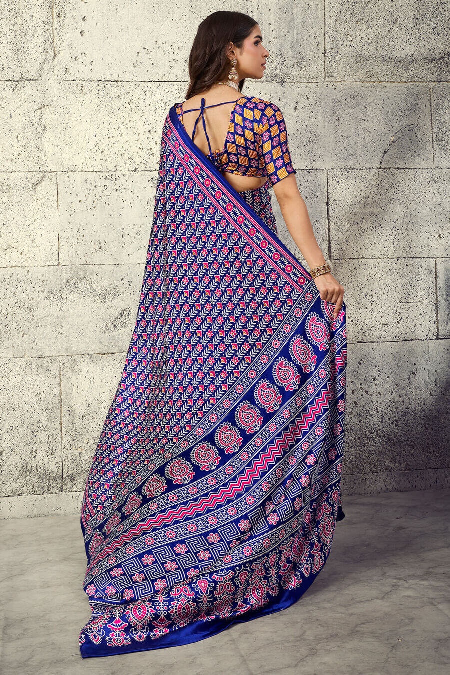 Precious Royal Blue Ajrakh Printed Satin Silk Saree With Fragrant Blouse Piece