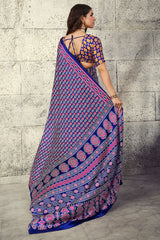 Precious Royal Blue Ajrakh Printed Satin Silk Saree With Fragrant Blouse Piece