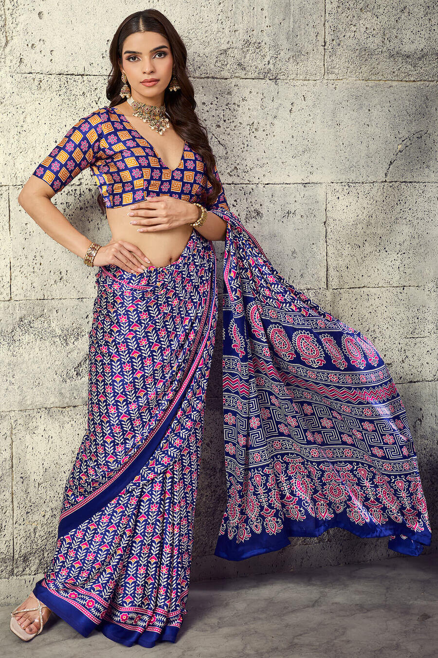 Precious Royal Blue Ajrakh Printed Satin Silk Saree With Fragrant Blouse Piece