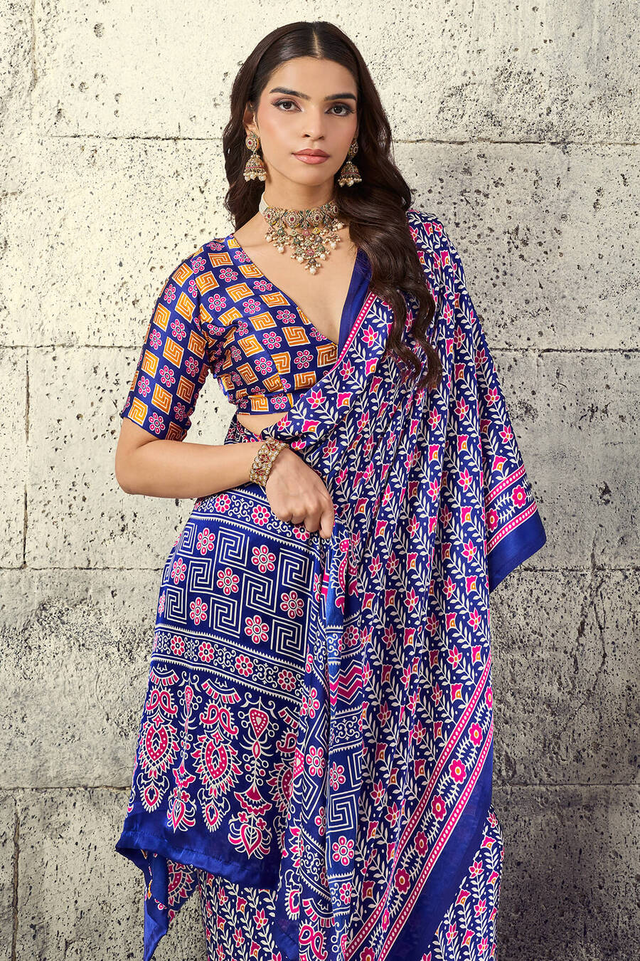 Precious Royal Blue Ajrakh Printed Satin Silk Saree With Fragrant Blouse Piece
