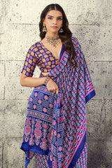 Precious Royal Blue Ajrakh Printed Satin Silk Saree With Fragrant Blouse Piece