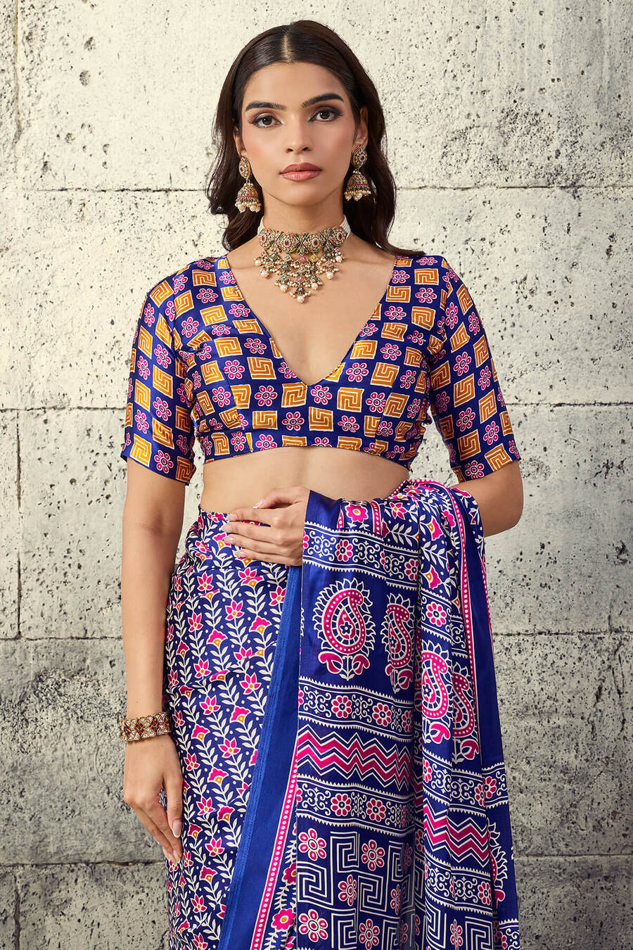 Precious Royal Blue Ajrakh Printed Satin Silk Saree With Fragrant Blouse Piece