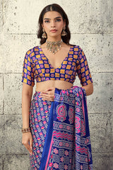 Precious Royal Blue Ajrakh Printed Satin Silk Saree With Fragrant Blouse Piece