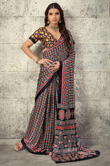 Angelic Black Ajrakh Printed Satin Silk Saree With Lovely Blouse Piece