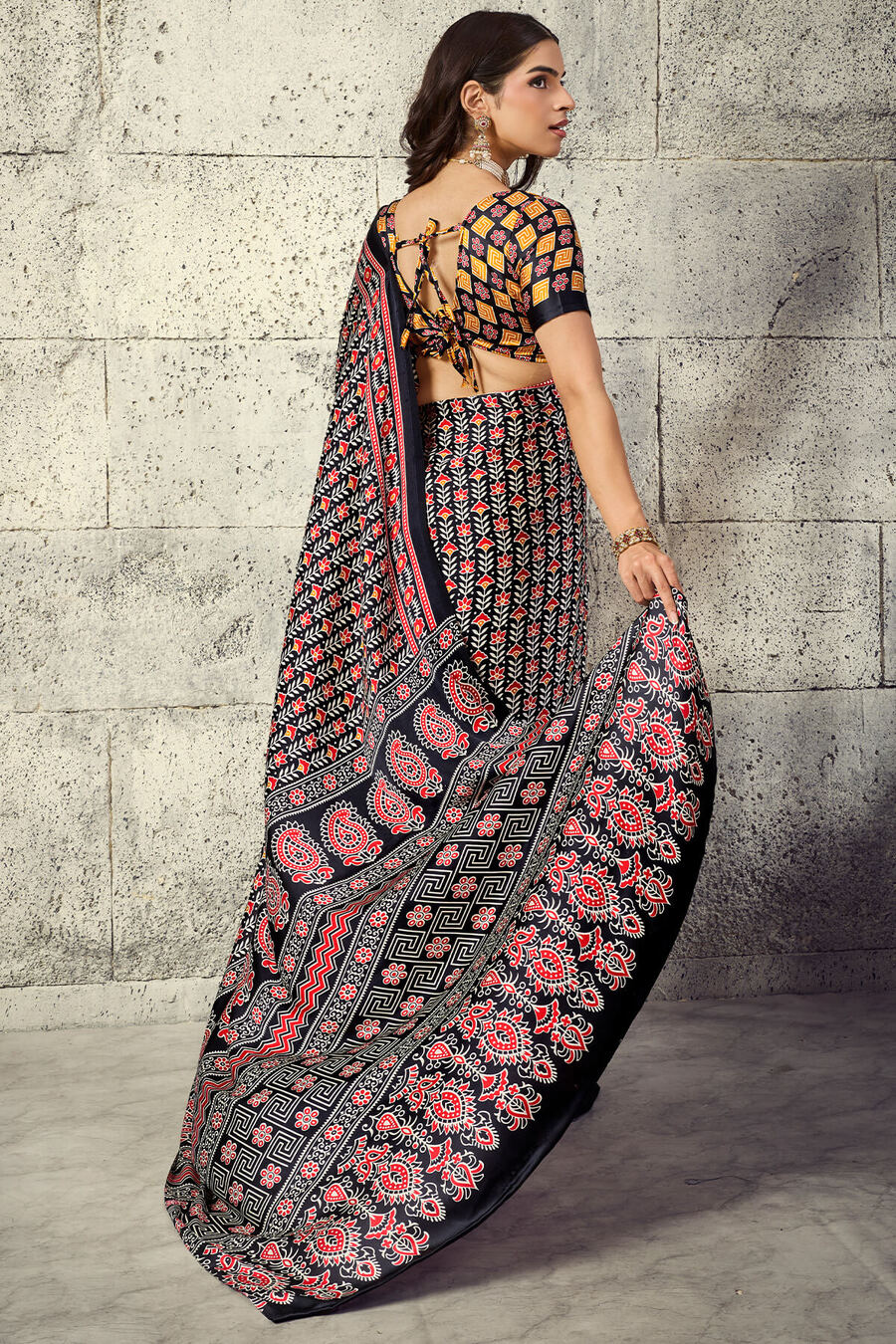 Angelic Black Ajrakh Printed Satin Silk Saree With Lovely Blouse Piece