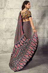 Angelic Black Ajrakh Printed Satin Silk Saree With Lovely Blouse Piece