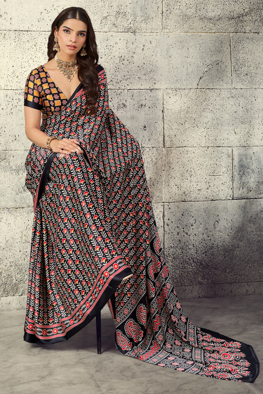 Angelic Black Ajrakh Printed Satin Silk Saree With Lovely Blouse Piece