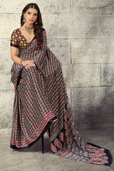 Angelic Black Ajrakh Printed Satin Silk Saree With Lovely Blouse Piece