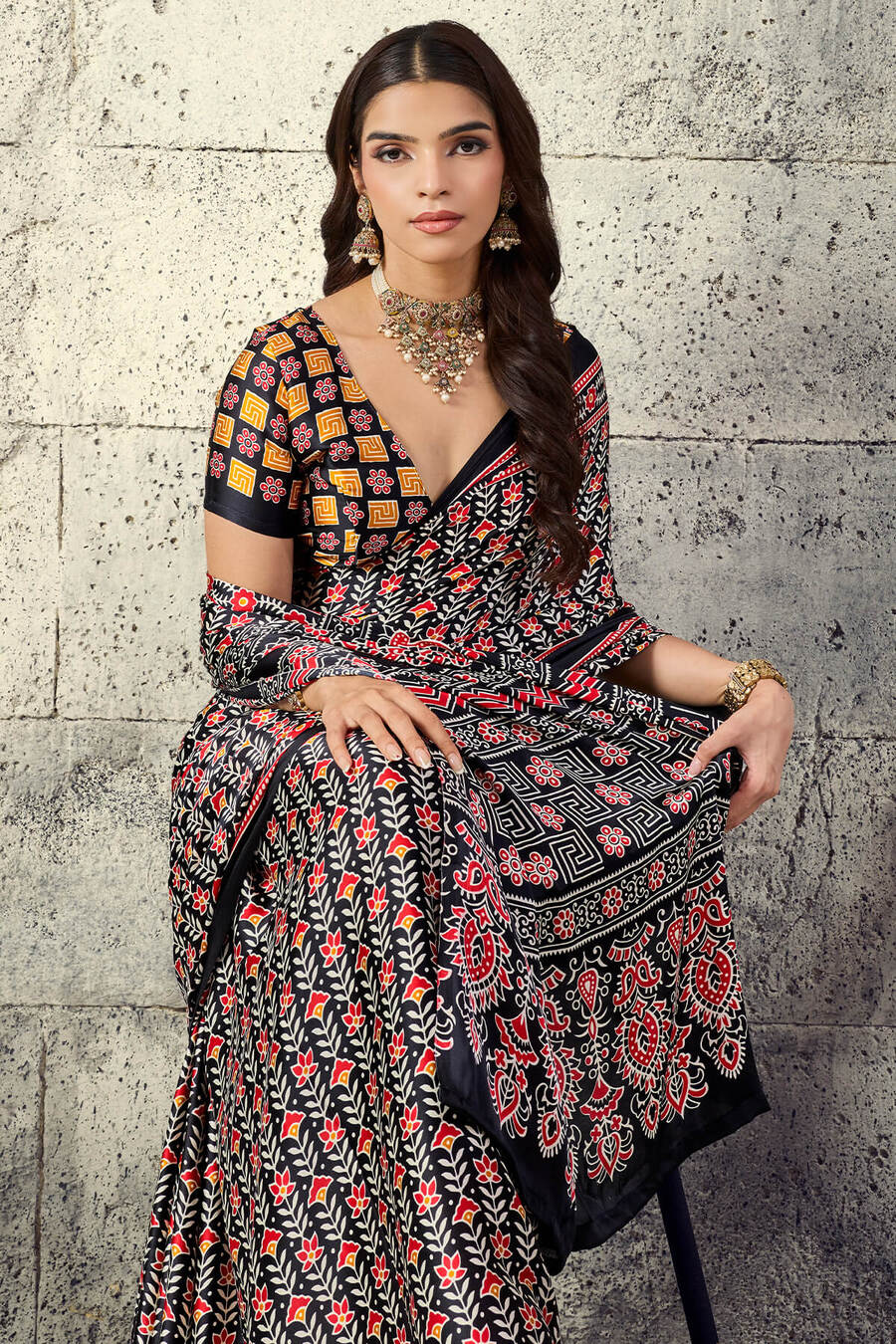 Angelic Black Ajrakh Printed Satin Silk Saree With Lovely Blouse Piece