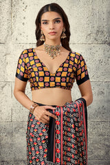 Angelic Black Ajrakh Printed Satin Silk Saree With Lovely Blouse Piece